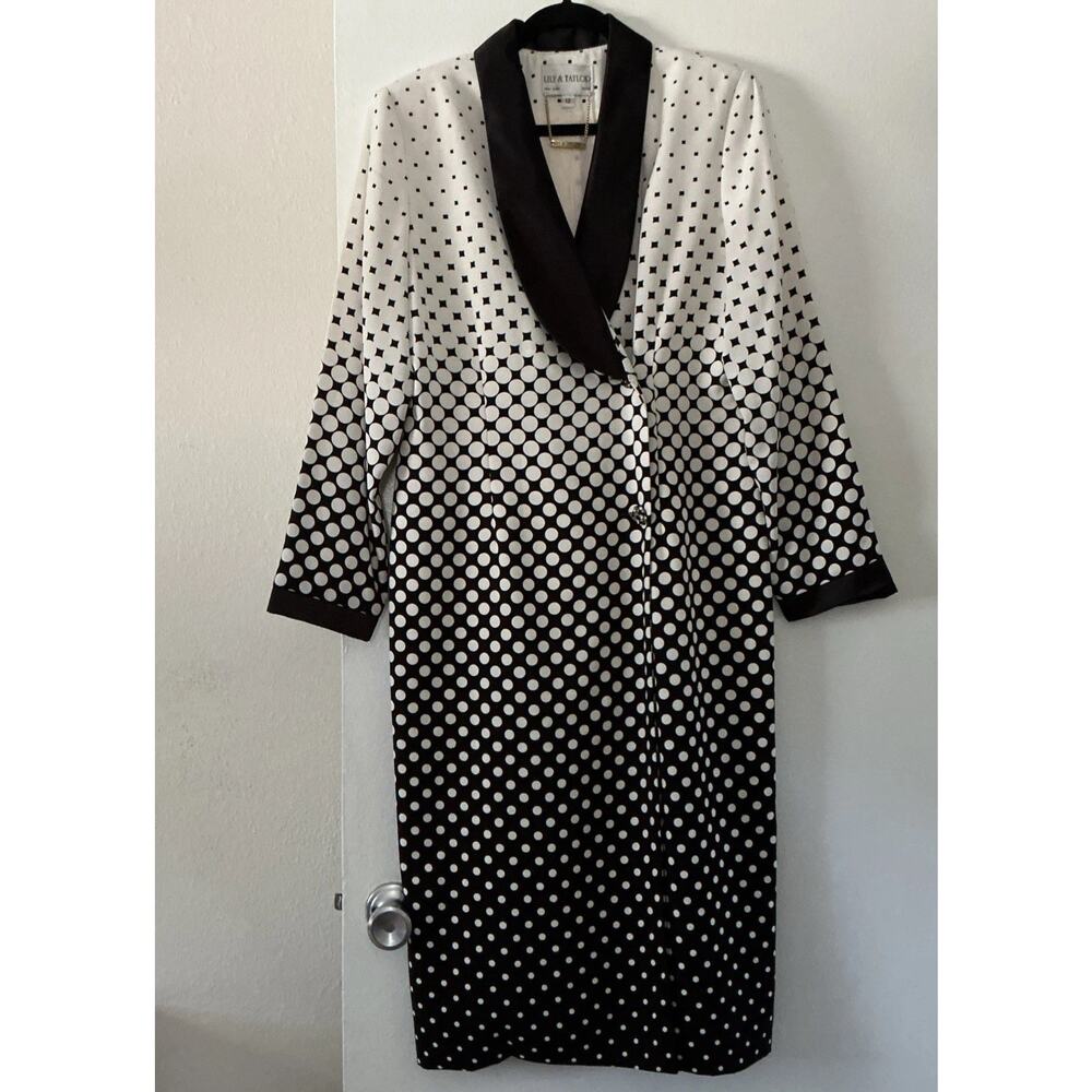 Vtg Lily & Taylor 12 Coat Dress White Black Polka Dot Rhinestone Satin Collar